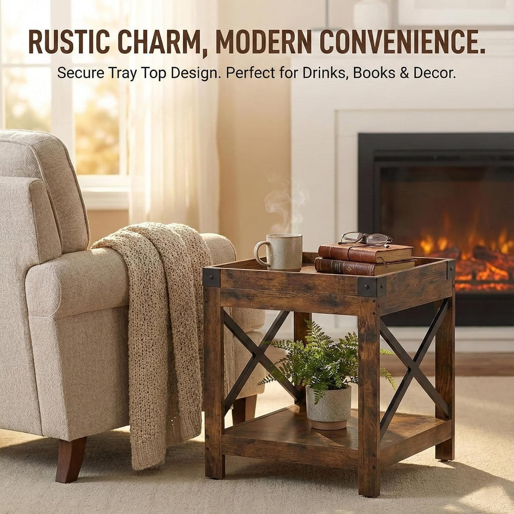 Farmhouse Square Side Table with Open Storage Shelves, Large End Table Modern Sofa Table with X-Metal Frame,Industrial Nightstand Coffee Table for Living Room Bedroom Office Small Spaces, Rustic Brown