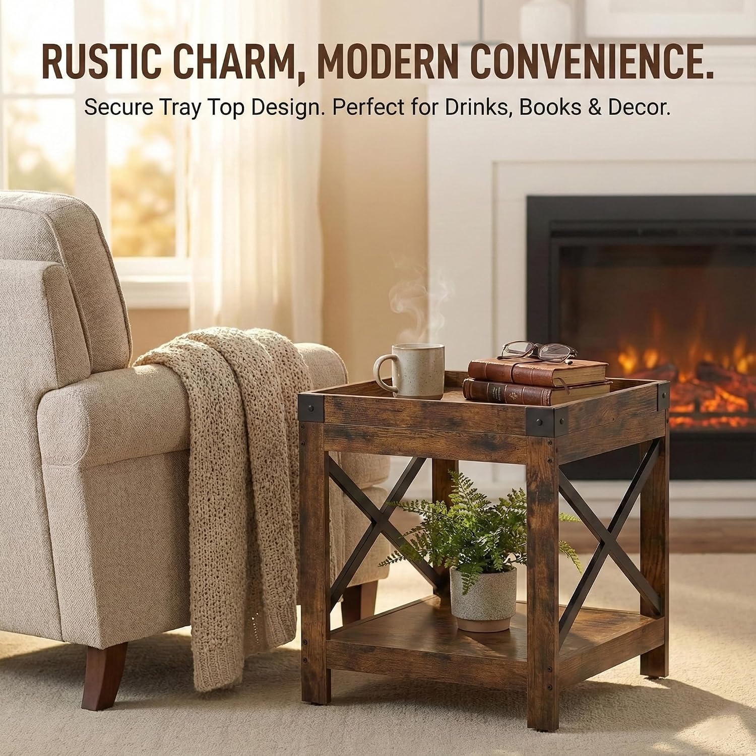 Farmhouse Square Side Table with Open Storage Shelves, Large End Table Modern Sofa Table with X-Metal Frame,Industrial Nightstand Coffee Table for Living Room Bedroom Office Small Spaces, Rustic Brown