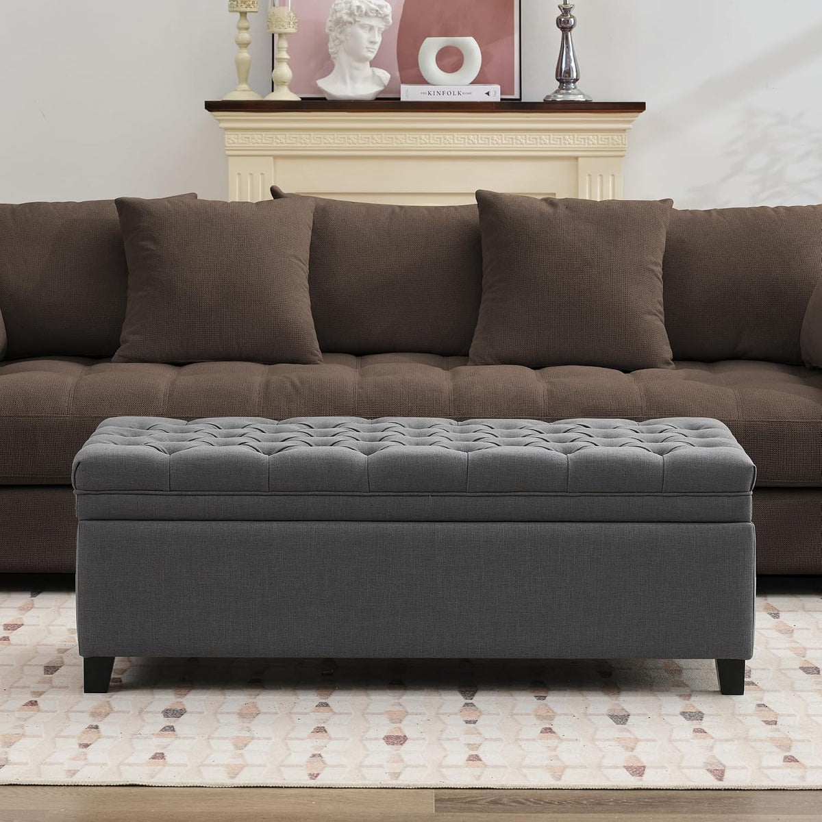 51" Storage Ottoman for Bedroom & Living Room, End of Bed Bench with Black Wooden Legs, Linen Upholstered Tufted Ottoman, Entryway Storage Bench,Dark Grey