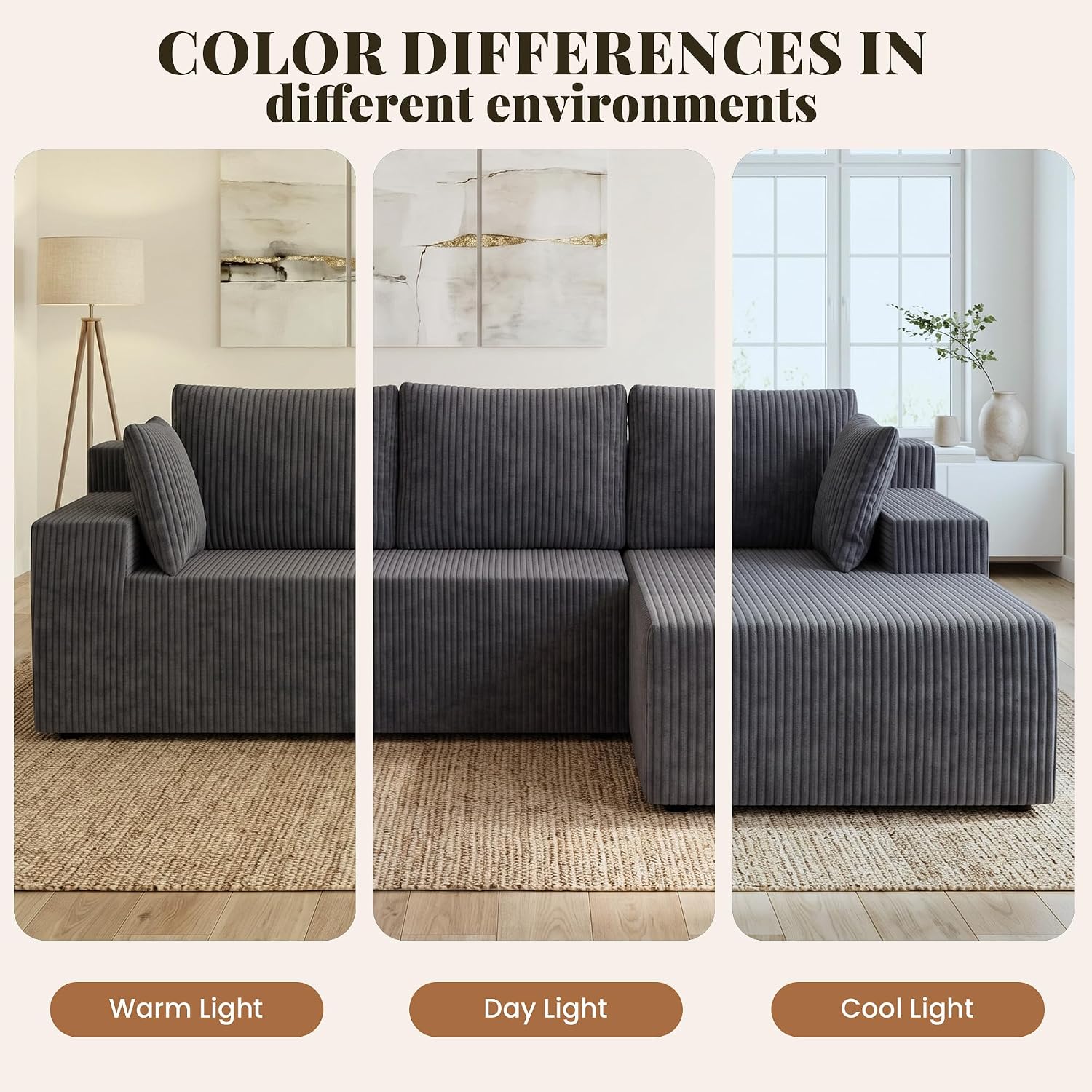 GRUSIGN Cloud Sectional Couches for Living Room, Modular L Shaped Couch with Deep Seat Oversized Right Facing Chaise, Memory Foam Compressed Spineless 3 Seater Sofa, Wide-Striped Grey