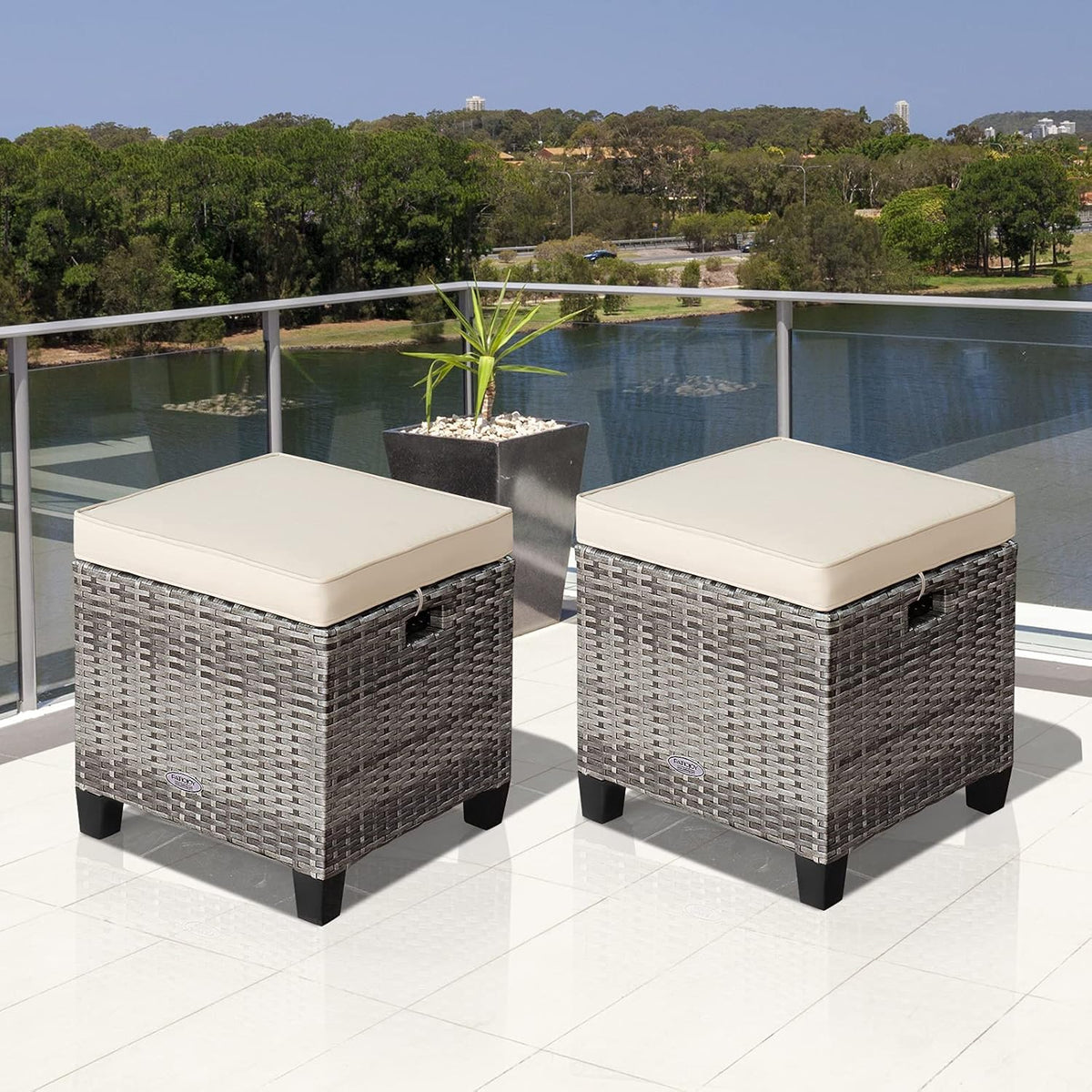 ORALNER Set of 2 Outdoor Ottoman, 16” Wicker Foot Stools, All-Weather Rattan Cube Footstool w/Removable Cushions, Square Footrest Extra Seating for Patio, Porch, Deck, Easy Assembly (Beige)