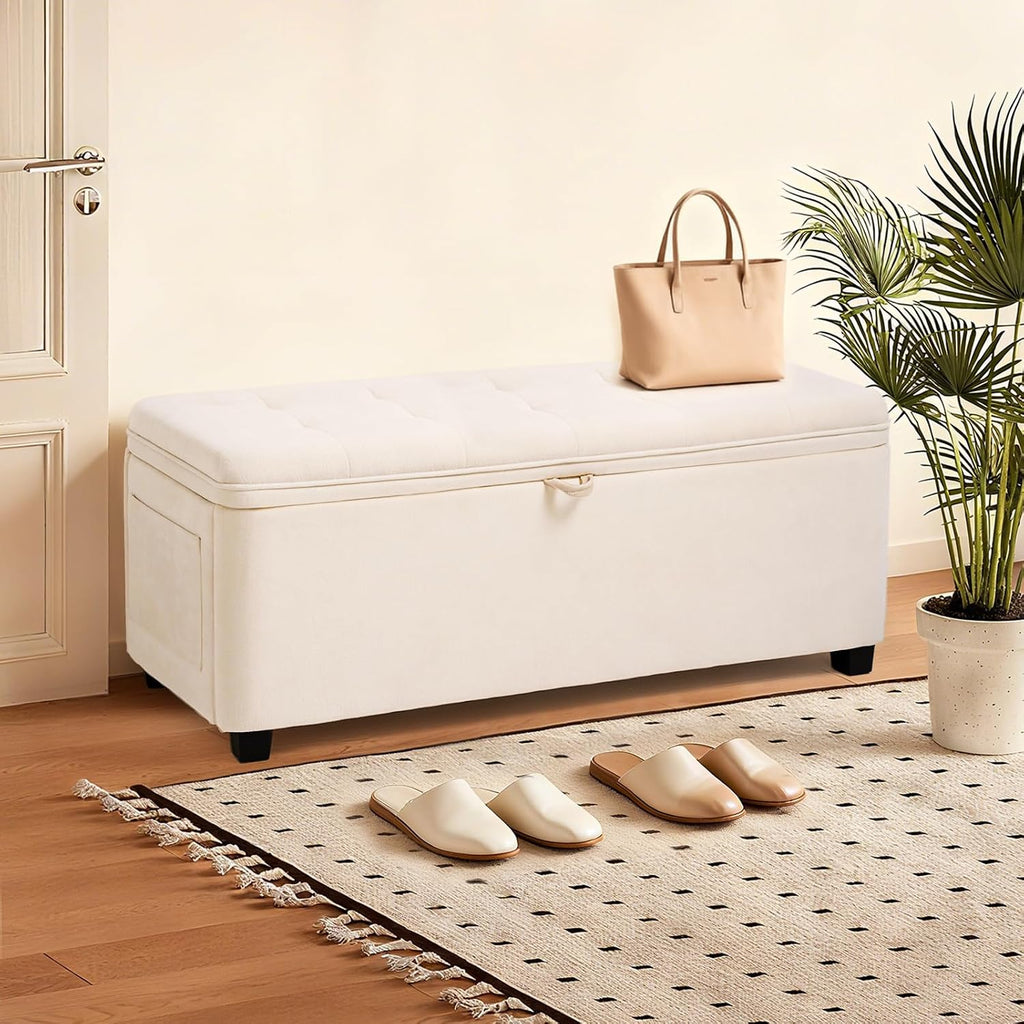 45" Storage Ottoman Bench, Tufted Ottoman with Storage for Living Room, Large End of Bed Ottomans, Modern Entryway Benchs, Window & Bedroom Benches for Foot of Bed (Ivory)