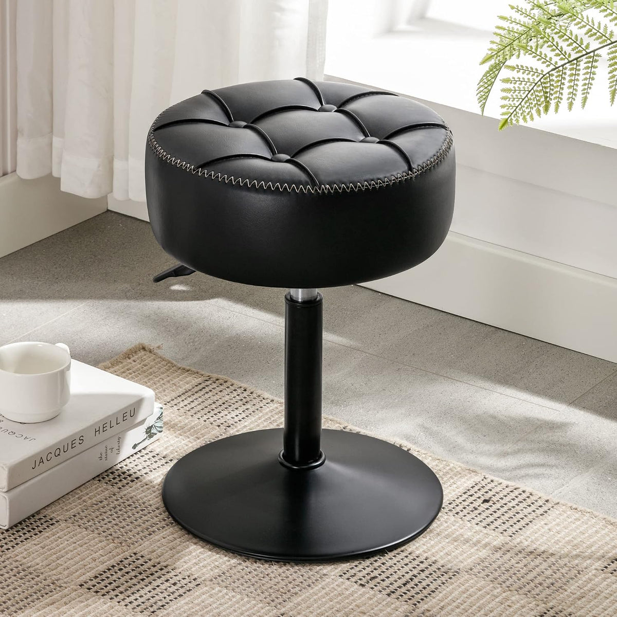 LUE BONA Adjustable Vanity Stool 15.8"-20.7", 360° Swivel Faux Leather Chair, 300lbs Capacity for Makeup Room, Bathroom, Living Room, Black