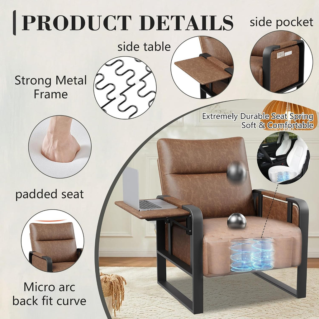 Upholstered Living Room Chair Armchair Set of 2, Mid Century Faux Leather Metal Accent Chair, Reception Couch Office Guest Chair Slipper Club Lounge Single Sofa with Sidetable for Bedroom-Brown