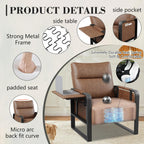 Upholstered Living Room Chair Armchair Set of 2, Mid Century Faux Leather Metal Accent Chair, Reception Couch Office Guest Chair Slipper Club Lounge Single Sofa with Sidetable for Bedroom-Brown