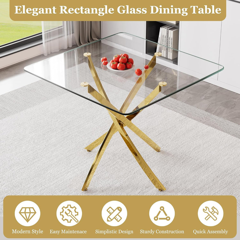 36 Inch Dining Table Set for 4, Modern Square Tempered Glass Top, Gold Finish Stainless Steel Legs Table and PU Leather Chairs for Dining Room, Living Room, Kitchen, Beige with Gold Base
