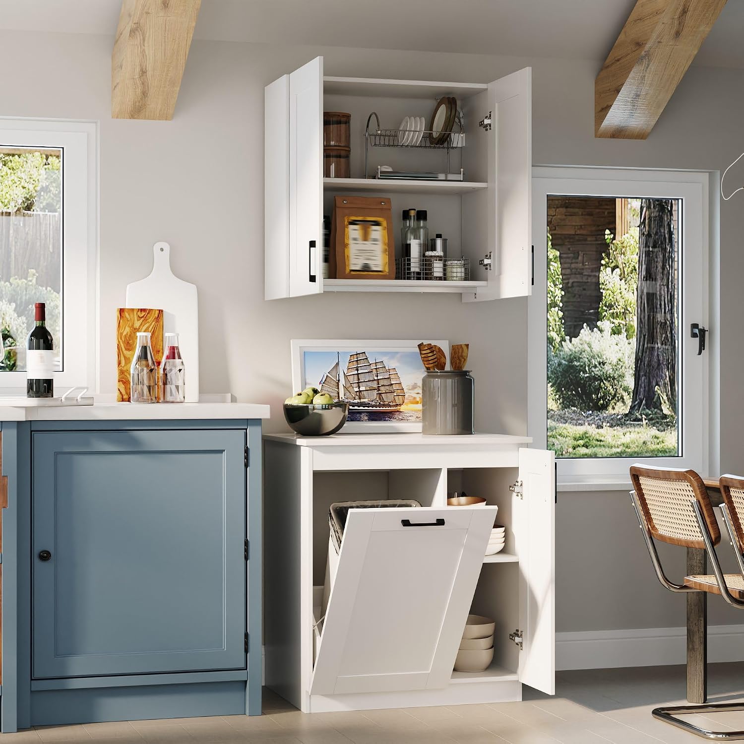 Timechee White Modern Kitchen Pantry Storage Cabinet with Wall Cupboard Set, Wall Pantry Cupboard with Tilt Out Trash Can Cabinet, Storage Shelves, Kitchen Buffet Sideboard Set for Dining Room