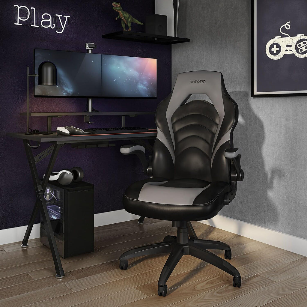 STAPLES Emerge Vortex Gaming Chair, Adjustable Height, Swivel Black | Racing-style design with sturdy swivel base, ideal for gaming or office desk setups.