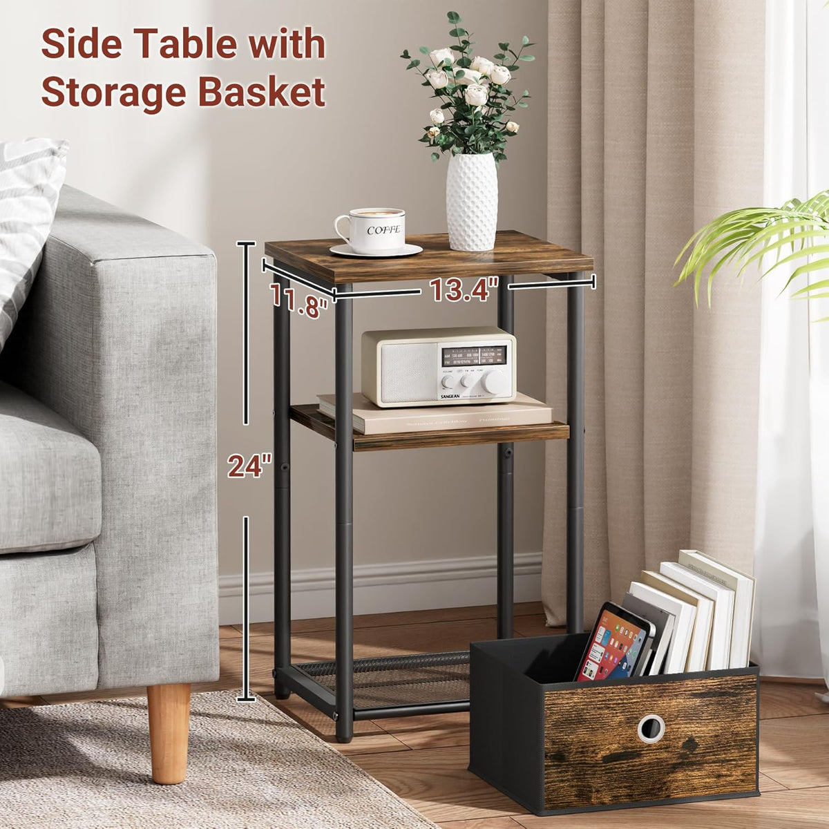 KIMBORA 3 Tier Small Side Table with Storage Basket, Living Room End Tables for Small Space, Bedside Nightstand for Bedroom, Sofa Couch, Rustic Brown and Classic Black