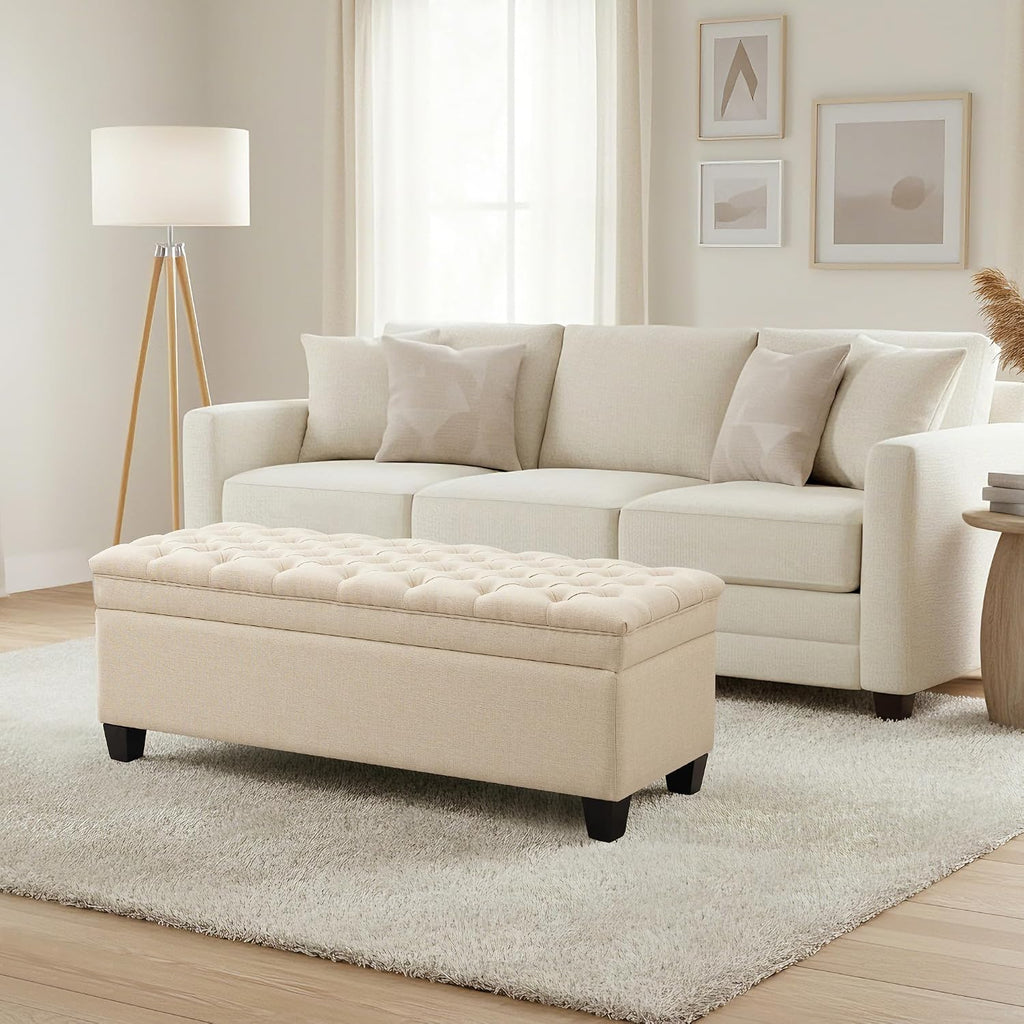 50" Storage Ottoman Bench, Rectangular End of Storage Bench, Upholstered Large Fabric Tufted Ottoman with Storage for Living Room, Bedroom, Entryway,Khaki