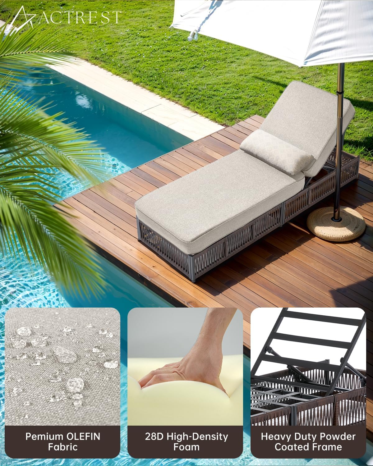 Luxury Outdoor Chaise Lounge Chairs of 2 with 5 Inch Thick Cushions and Side Table - 3 PCS High Back Brown Wicker Rattan Patio Recliners Lounger Furniture Set for Poolside Sunbathing - Beige