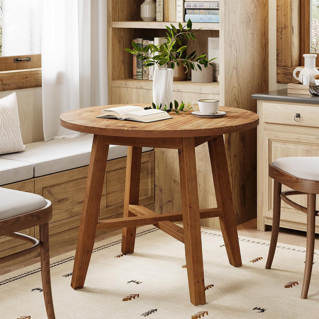 31.5-Inch Round Dining Table for 2-4, Solid Wood Farmhouse Kitchen Table for Living Room, Dining Room, Apartment (Brown)