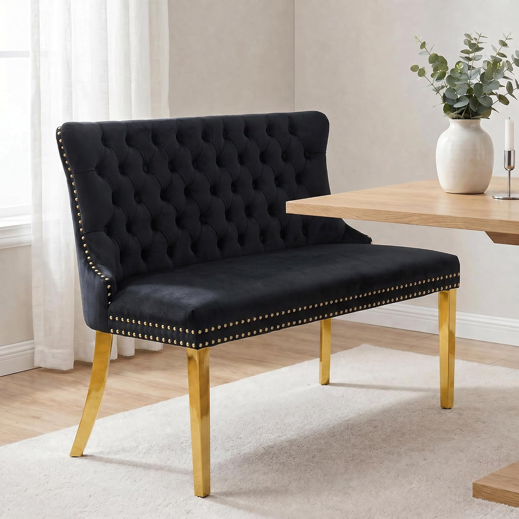 Upholstered Dining Bench with Back, Black, Gold Finish Steel Legs | Tufted Loveseat Bench with Nailhead Trim, Banquette Seating for Dining Room, Entryway