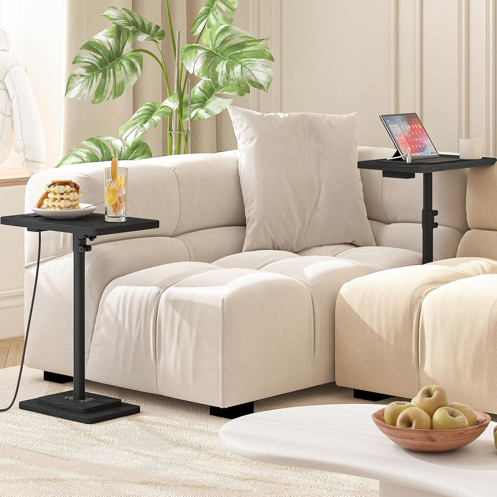 HOOBRO Adjustable Height End Table, 360° Swivel Narrow Side Table with Charging Station, Narrow Sofa Bedside Table for Small Space, Living Room, Bedroom, Black BB425UBZ01