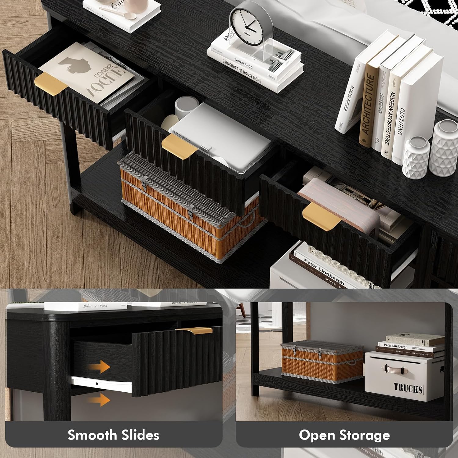 HOKYHOKY Fluted Console Table with Drawers, Modern 47.1" Entryway Table with Storage Shelf, Boho Narrow Skinny Behind Couch Wood Sofa Table for Living Room Hallway Entrance Foyer, Black