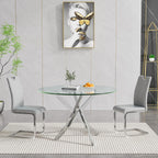 47.25 Inch Round Glass Dining Table Set for 2, Modern 3 Piece Dining Room Table Set with 2 Grey Leather Upholstered Chairs, Glass Kitchen Table and Chairs Set with Silver Metal Legs for Dining Room