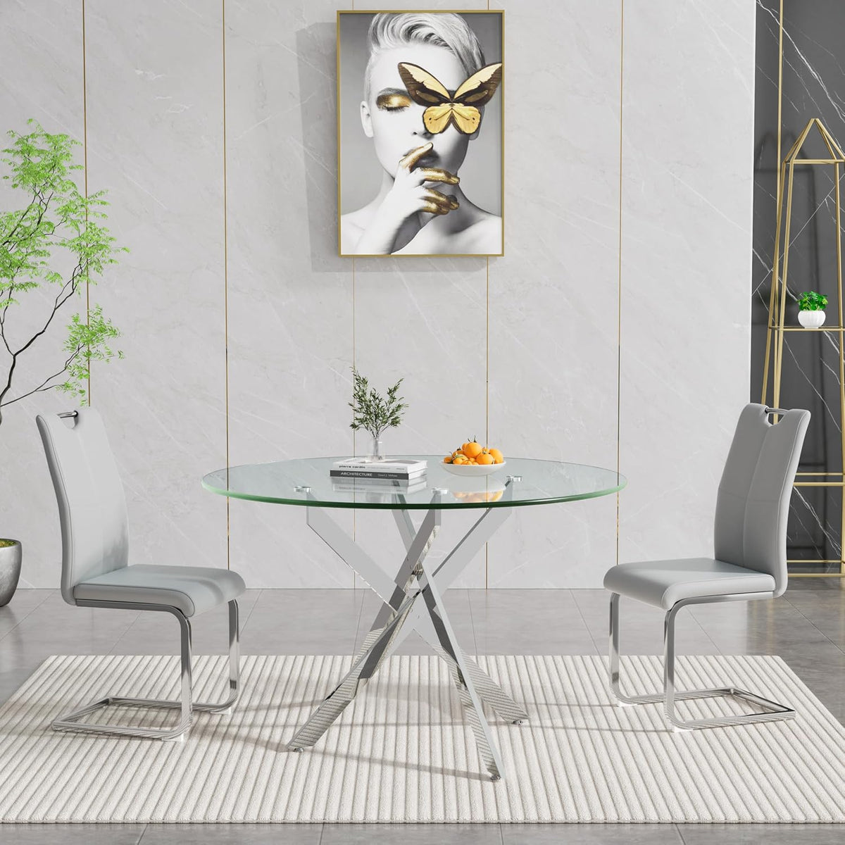 47.25 Inch Round Glass Dining Table Set for 2, Modern 3 Piece Dining Room Table Set with 2 Grey Leather Upholstered Chairs, Glass Kitchen Table and Chairs Set with Silver Metal Legs for Dining Room