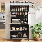 LOKO 64.5” Tall Kitchen Pantry Cabinet, Buffet Sideboard with Charging Station, Modern Wine Bar Cabinet with Wine Glass Rack, Kitchen Hutch Cupboard for Dining Room, Living Room (Black)