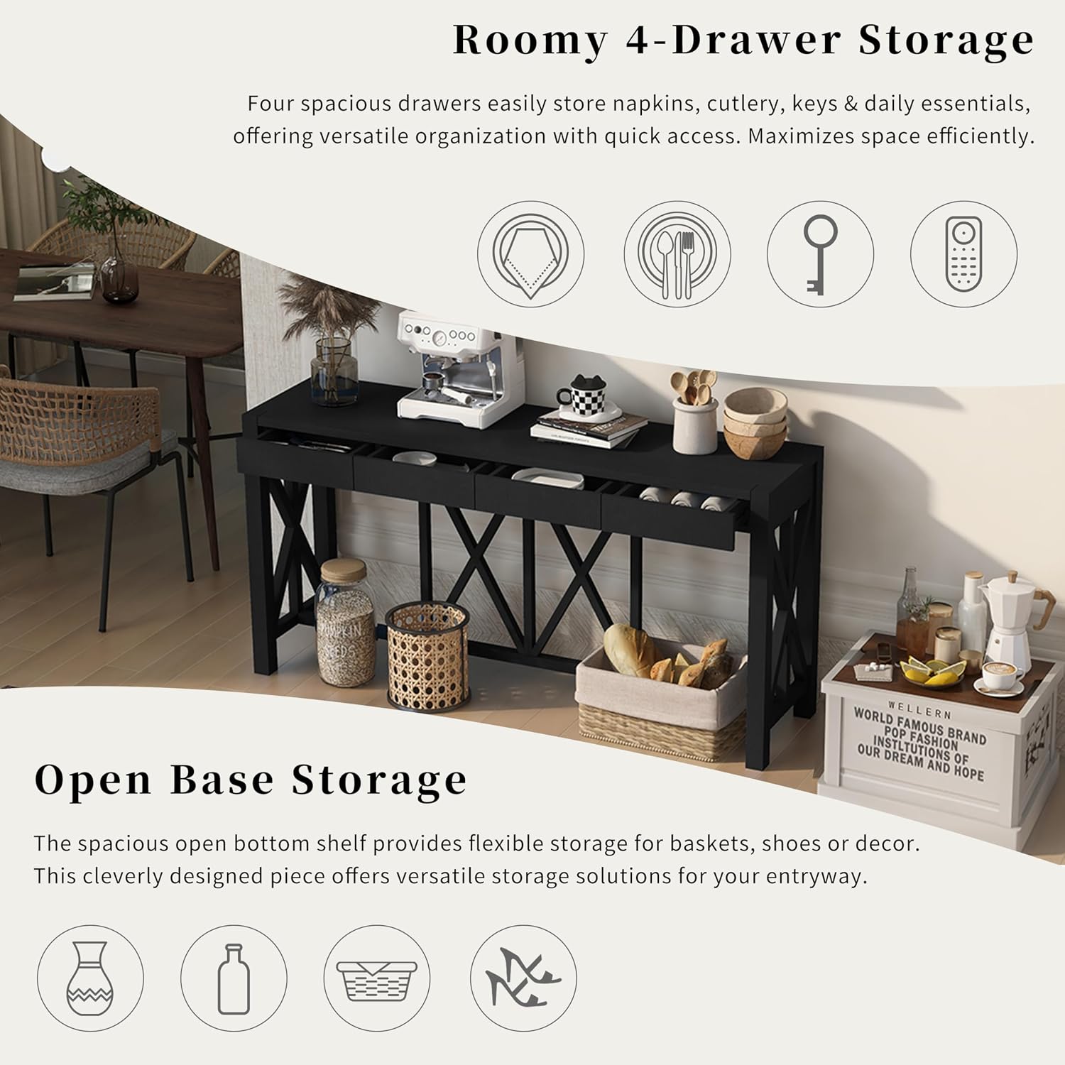 Farmhouse 60'' Console Table Sofa Table with 4 Spacious Drawers and Open Bottom Storage, Modern Crisscross Design Entryway Table for Living Room,Kitchen,Dining Room (Black-X)