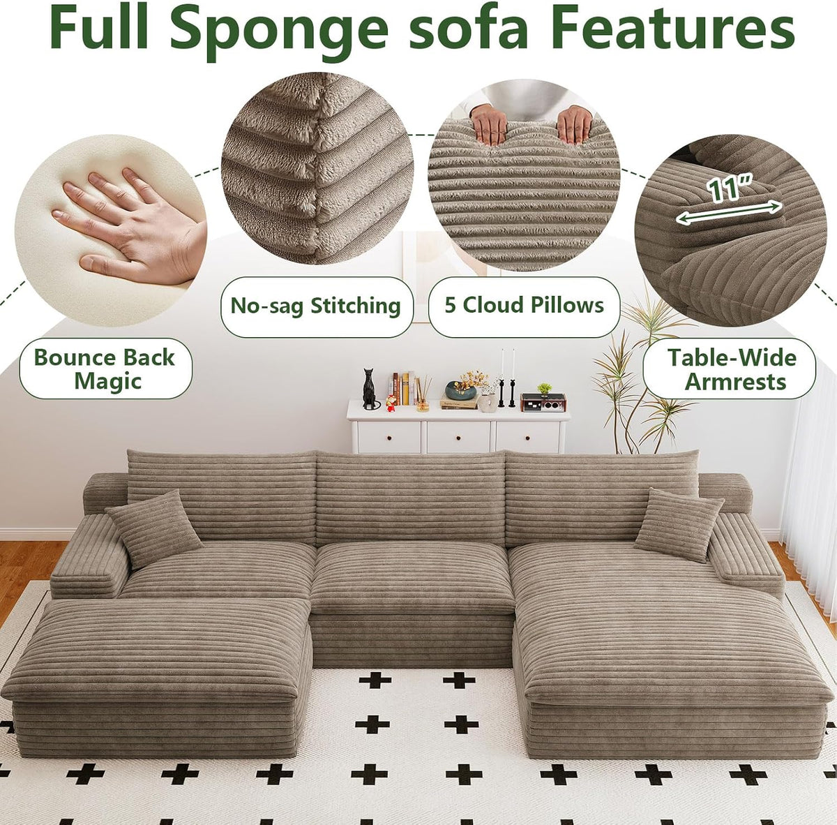107" Cloud Couch Modular Sectional Sofa for Living Room, U-Shape Couch with Deep Seat, Modern Corduroy 3-Seater with Ottoman, No Assembly Required (Camel,Right-Facing Chaise)