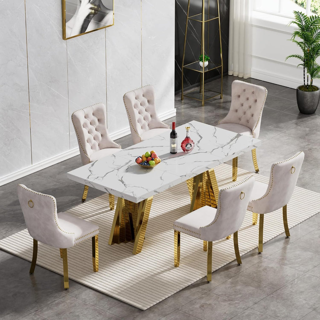7 Piece Dining Table Set, White 70" Marble Dining Table with 6 Beige Velvet Chairs, Luxury Faux Marble Dining Room Table Set for 6, Modern Kitchen Table and Chairs Set for Home Furniture