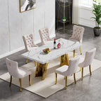7 Piece Dining Table Set, White 70" Marble Dining Table with 6 Beige Velvet Chairs, Luxury Faux Marble Dining Room Table Set for 6, Modern Kitchen Table and Chairs Set for Home Furniture
