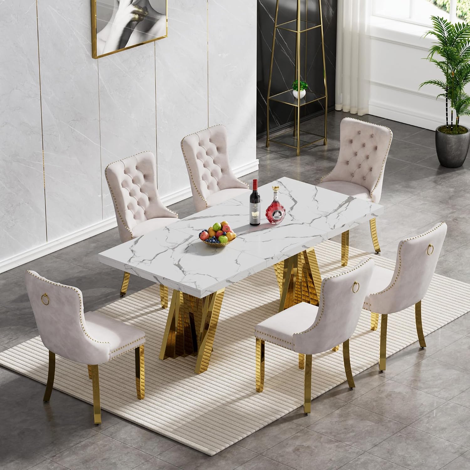 7 Piece Dining Table Set, White 70" Marble Dining Table with 6 Beige Velvet Chairs, Luxury Faux Marble Dining Room Table Set for 6, Modern Kitchen Table and Chairs Set for Home Furniture
