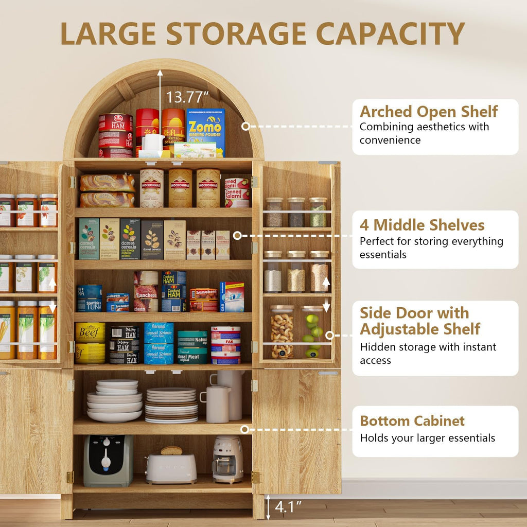 Arched Cabinet, 71" Tall Arched Kitchen Pantry Storage Cabinet with Doors, Modern Fluted Kitchen Storage Cabinet with Adjustable Shelves, Natural Cupboard for Kitchen, Dining Room, Bathroom