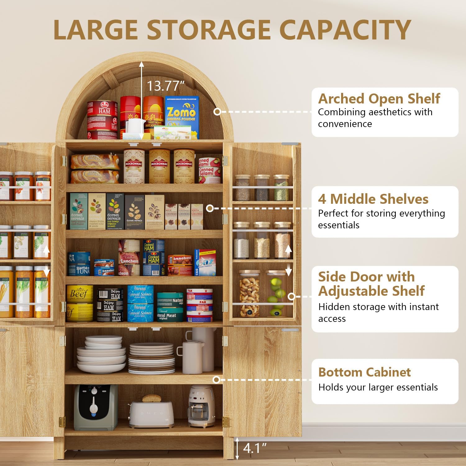 Arched Cabinet, 71" Tall Arched Kitchen Pantry Storage Cabinet with Doors, Modern Fluted Kitchen Storage Cabinet with Adjustable Shelves, Natural Cupboard for Kitchen, Dining Room, Bathroom