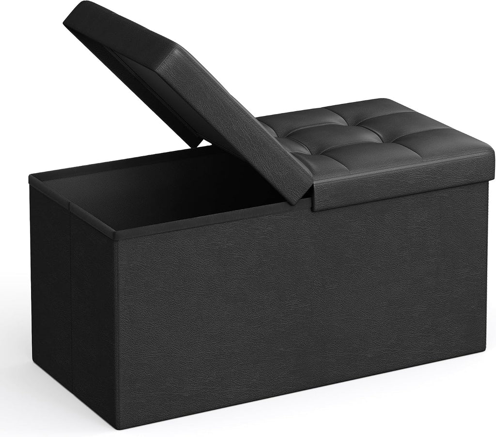 SONGMICS 30 Inches Folding Storage Ottoman Bench with Flipping Lid | Storage Chest Footrest Padded Seat, MDF Support, Ink Black, MINOTA Collection ULSF45BK
