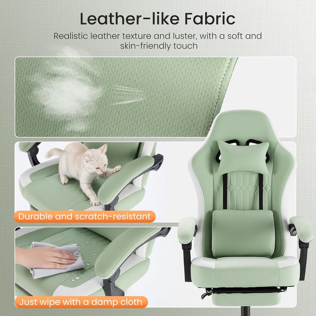 Sweetcrispy Gaming Chair, Ergonomic Computer Desk Chair, Lumbar Support | High Back Ergonomic Footrest, Height Adjustable Linkage Armrests Headrest, 360 Swivel Wheels Fabric, Green