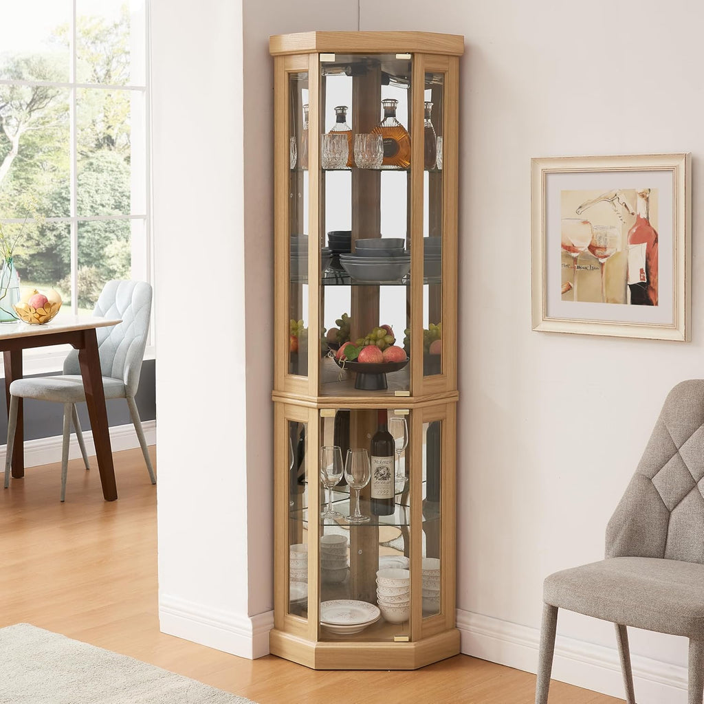 Tall Corner Cabinet with Glass Doors, Lighted Glass Display Curio Cabinet with Adjustable Shelves, Home Office Floor Standing Display Cabinets for Bar, Liquor Storage and Medal, Light Oak
