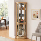 Tall Corner Cabinet with Glass Doors, Lighted Glass Display Curio Cabinet with Adjustable Shelves, Home Office Floor Standing Display Cabinets for Bar, Liquor Storage and Medal, Light Oak
