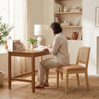 OVENTA Dining Chairs Set of 4, Rattan Back Upholstered Kitchen Chairs, Solid Rubberwood Frame, Boho Mid Century Dining Room Chairs, Brown Rattan