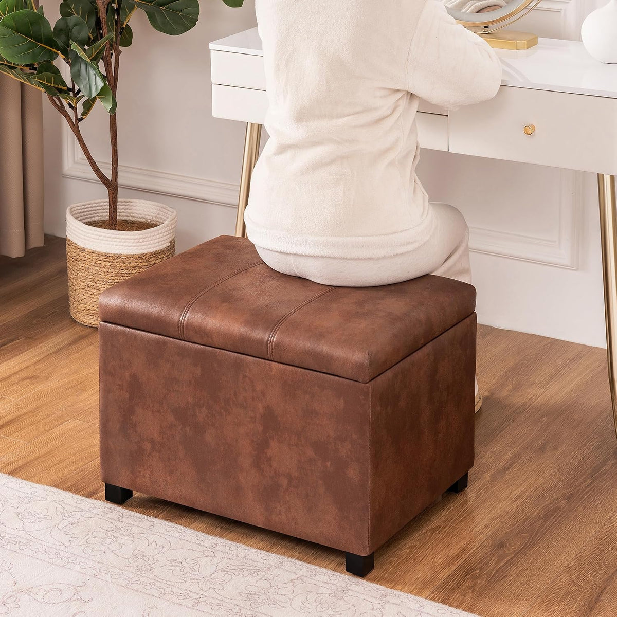 Asense 24-Inch Storage Ottoman Bench,Foot Stool Ottoman with Storage, Faux Leather Upholstered Foot Rest Seat with Safety Hinge,Wood Legs Stool for Living Room, Bedroom,Entryway,Coffee Brown