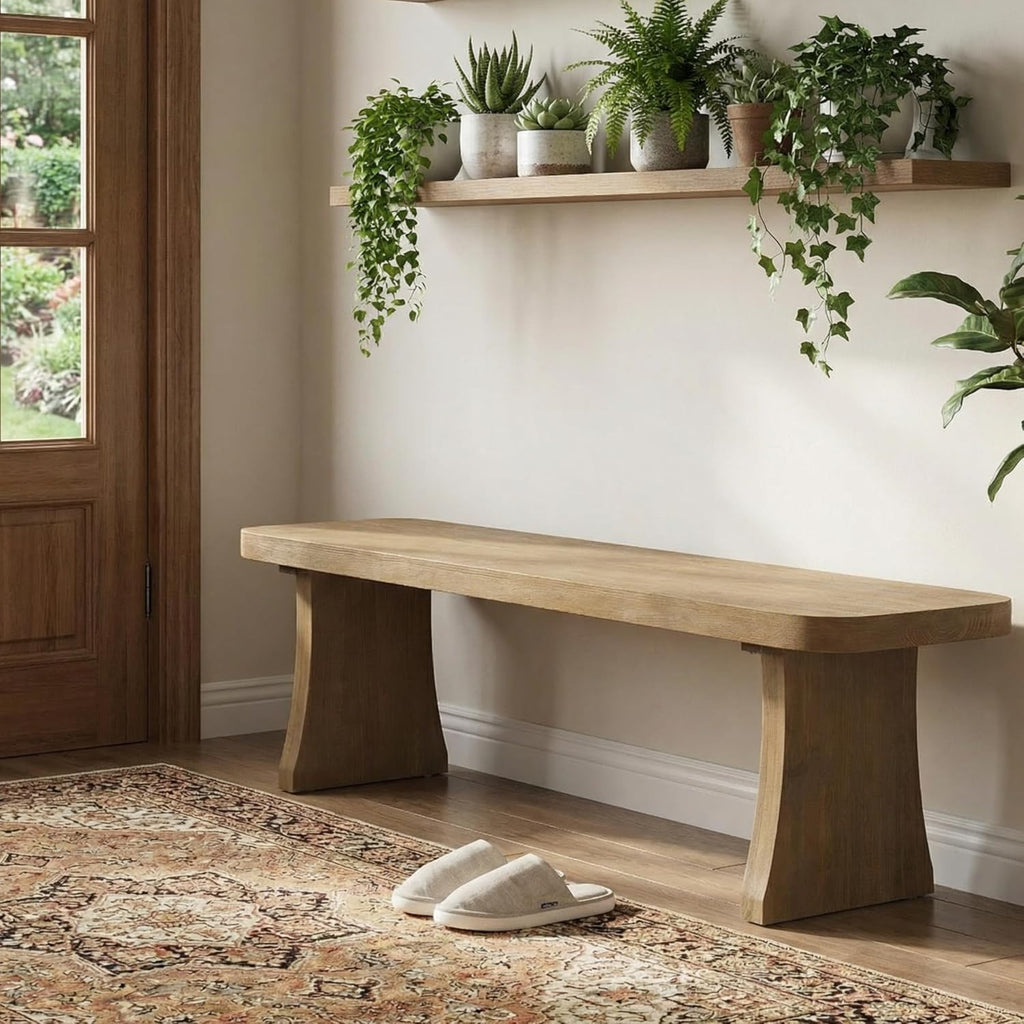 Merax 62.9" Solid Pine Dining Bench with Flared Legs – Rustic Wood Entryway & Dining Seating for 3 Adults, Heavy Duty 350lbs Capacity, Natural Finish for Farmhouse, Modern & Coastal Homes, Pine Wood