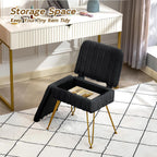 Vanity Chair with Storage | Comfy Ottoman with Folding Back | Faux Fur Vanity Stool with 4 Metal Legs for Make Up | Furry Padded Seat with Anti-Slip Feet for Bedroom Dressing Room | Black