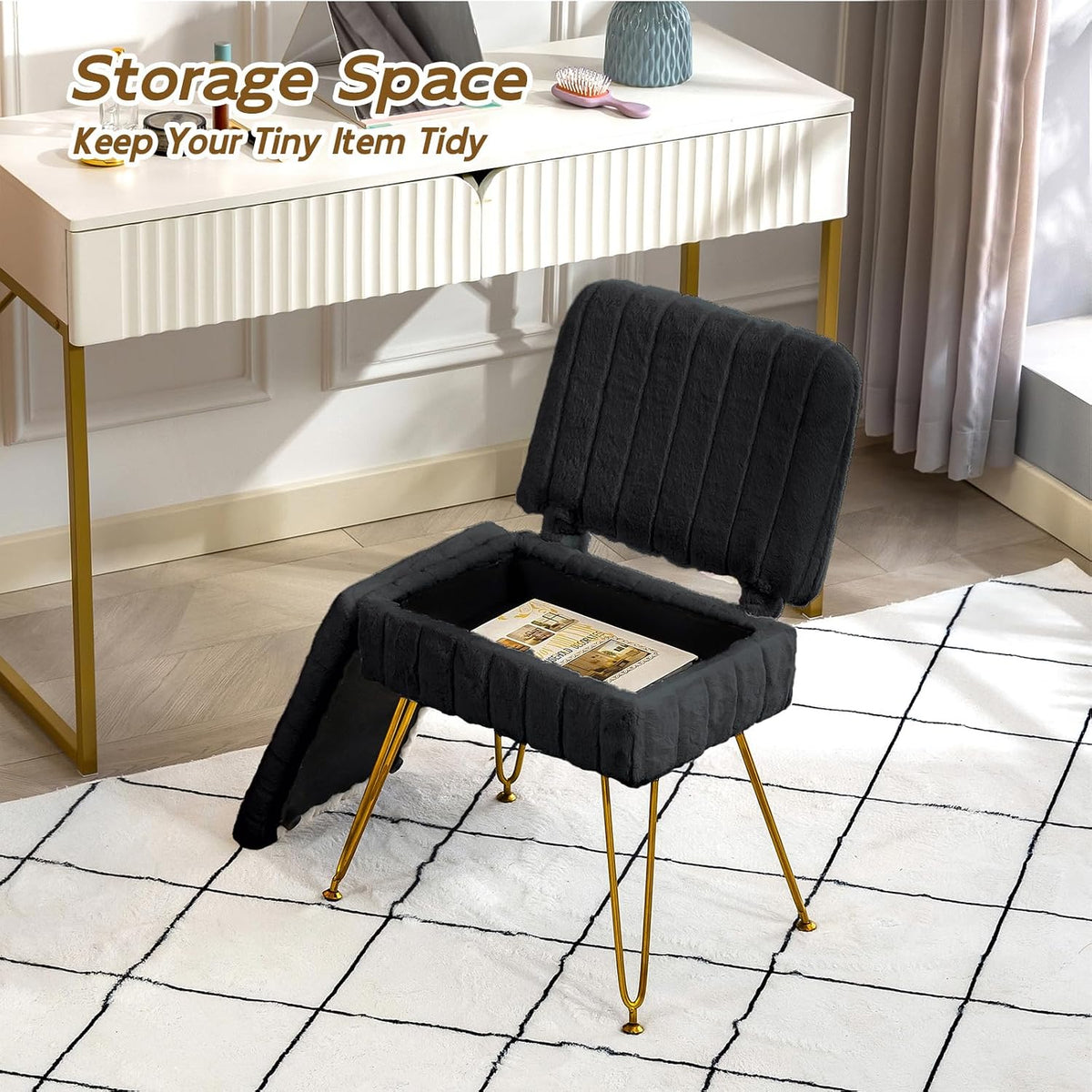 Vanity Chair with Storage | Comfy Ottoman with Folding Back | Faux Fur Vanity Stool with 4 Metal Legs for Make Up | Furry Padded Seat with Anti-Slip Feet for Bedroom Dressing Room | Black