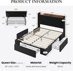 SHA CERLIN Queen Bed Frame, Storage Headboard with Drawers, Charging, Black