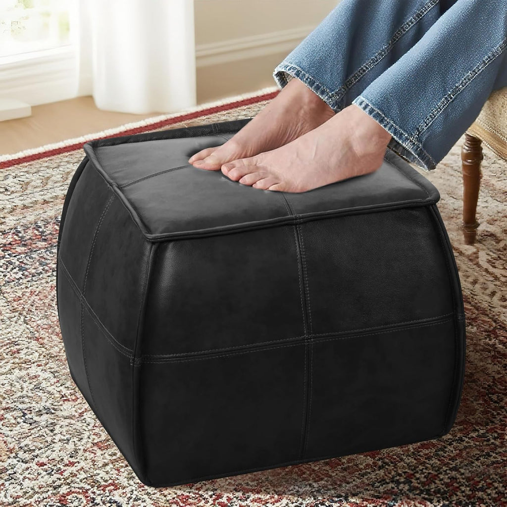 Couchus Genuine Leather Ottoman, Square Pouf Footstool (Square, Black)