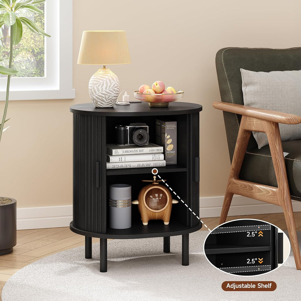 ONBRILL Oval End Table with Charging Station, Sliding Door, Black(2-Pack)