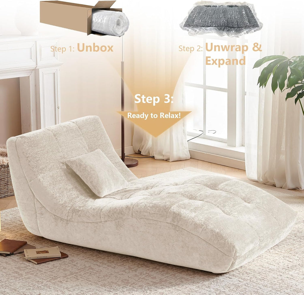 Chaise Lounge Chair with Curved Back, Modern Upholstered Recliner Sofa, Tufted Accent Lounger Comfortable Lazy Chair for Bedroom, Apartment (Beige)