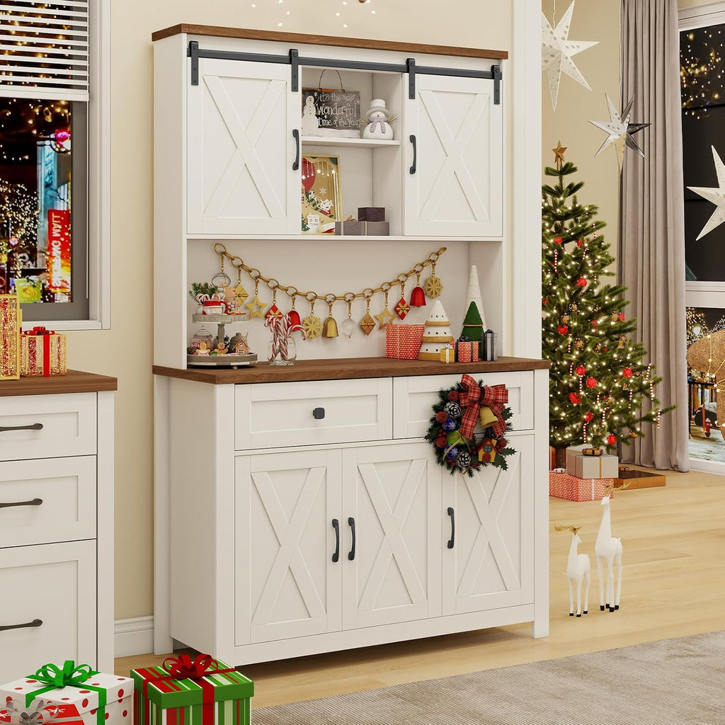 Vabches 67.7 Inch Farmhouse Pantry Storage Cabinet with Sliding Barn Doors, 2 Drawer Farmhouse Coffee Cabinet with Adjustable Shelf, Side Board with Buffet Cupboard for Kitchen, Livingroom, White