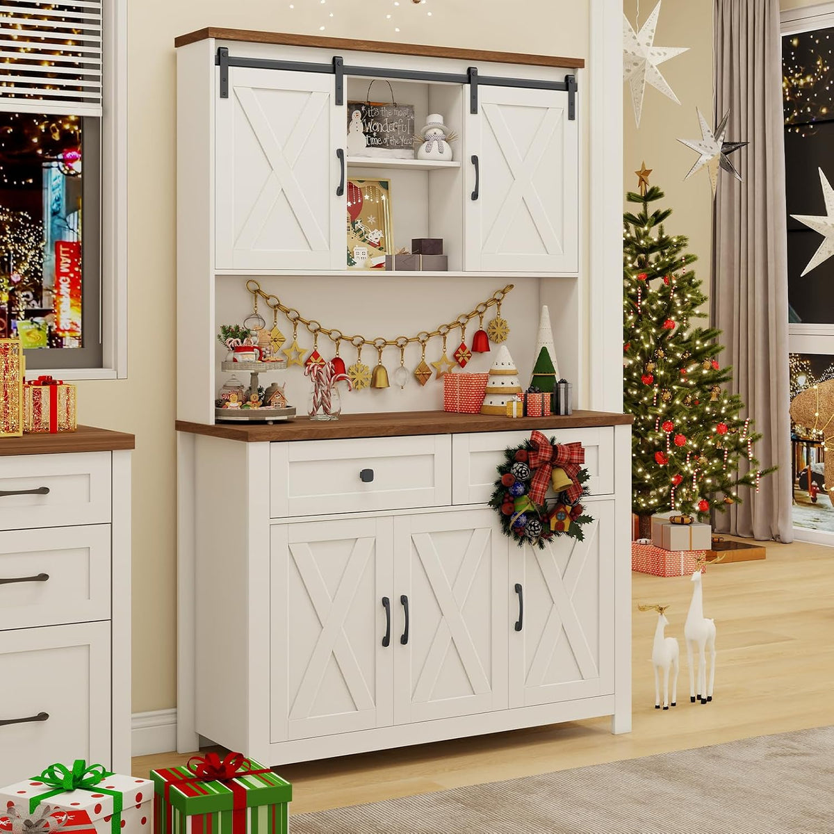 Vabches 67.7 Inch Farmhouse Pantry Storage Cabinet with Sliding Barn Doors, 2 Drawer Farmhouse Coffee Cabinet with Adjustable Shelf, Side Board with Buffet Cupboard for Kitchen, Livingroom, White