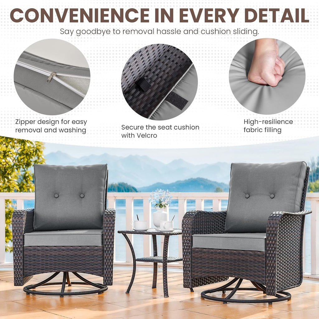 Gotland Outdoor Swivel Chairs Set of 2, 5 Pieces Patio Furniture Set with Ottomans Rattan Coffee Table Thick Cushion, Outdoor Swivel Rocker Wicker Patio Bistro Set for Balcony Porch, Grey