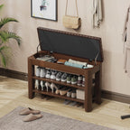 Shoe Bench for Entryway, Solid Rubberwood Shoe Bench with Hidden Storage, Adjustable 2-Tier Shelves & Soft PU Leather Seat, Shoe Rack Durable Easy Assembly for Hallway or Bedroom - Brown, 31.5"