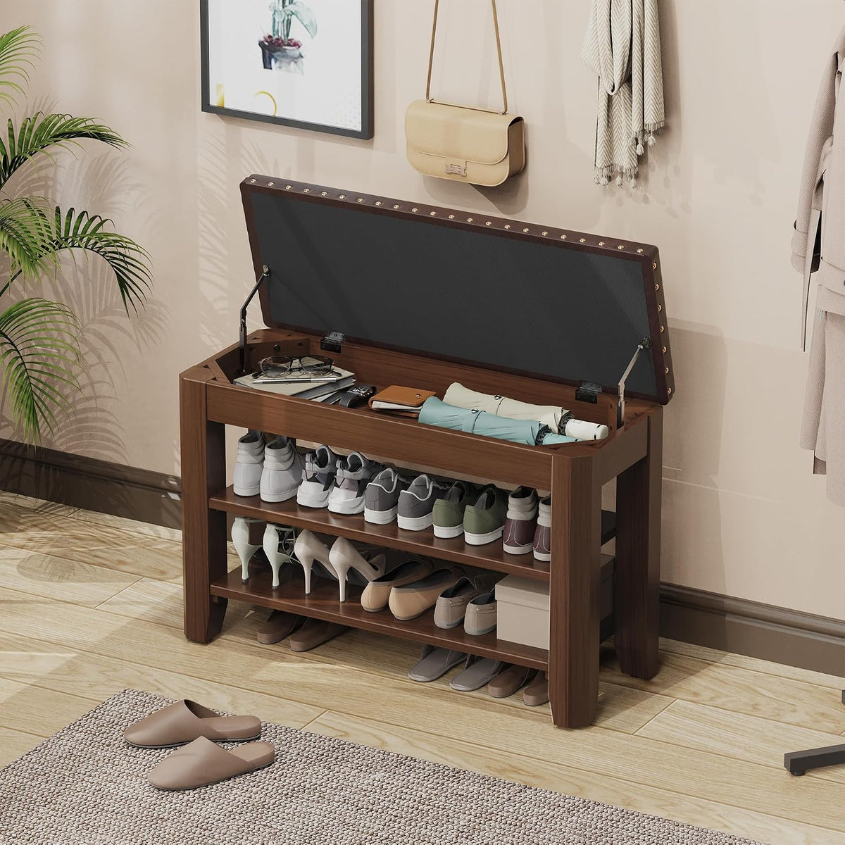 Shoe Bench for Entryway, Solid Rubberwood Shoe Bench with Hidden Storage, Adjustable 2-Tier Shelves & Soft PU Leather Seat, Shoe Rack Durable Easy Assembly for Hallway or Bedroom - Brown, 31.5"