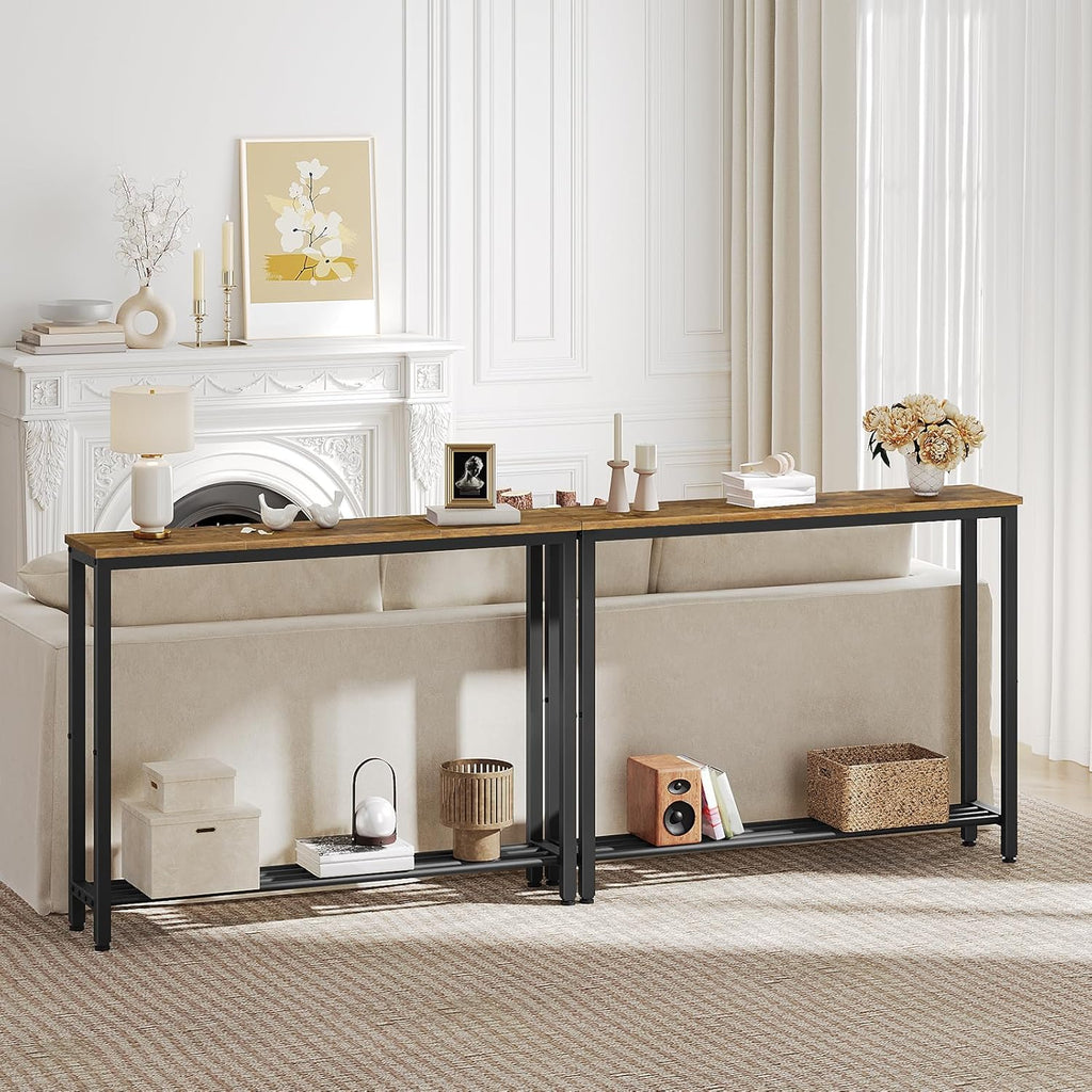 YATINEY Narrow Console Table, 2-Tier Small Sofa Table, 39.4" Thin Entryway Behind Couch Table with Shelves, Industrial Hallway Table, for Living Room, Foyer, Rustic Brown and Black CT25BR
