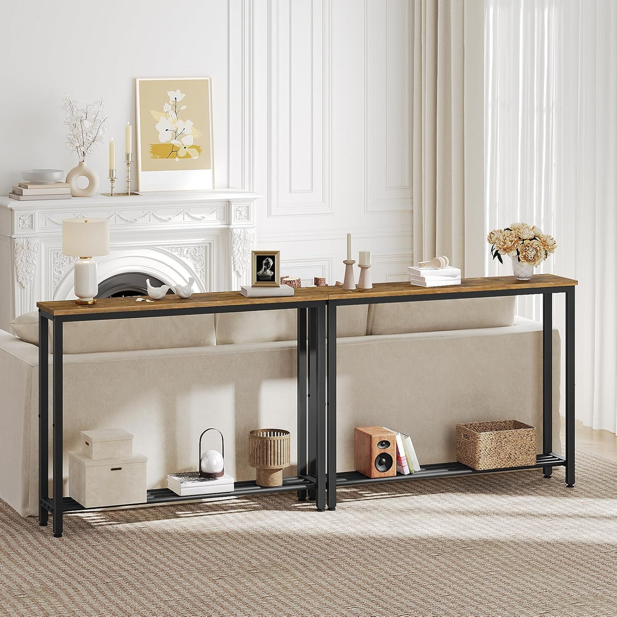 YATINEY Narrow Console Table, 2-Tier Small Sofa Table, 39.4" Thin Entryway Behind Couch Table with Shelves, Industrial Hallway Table, for Living Room, Foyer, Rustic Brown and Black CT25BR