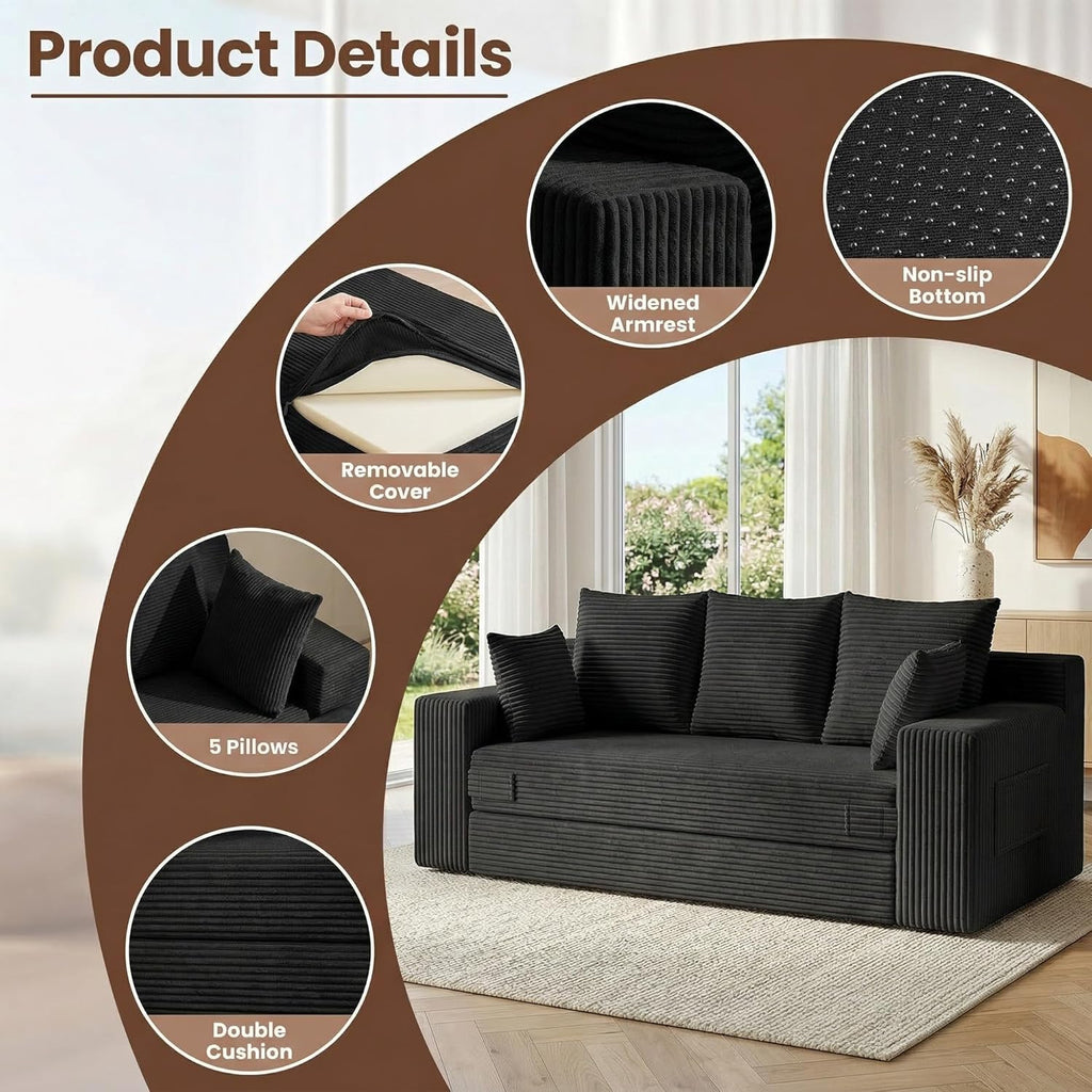 JUIKURY Couches 70 inch: 3-in-1 Convertible Sofa Bed Futon Couch Bed, Oversized Loveseat Sleeper Sofa with 5 Pillows, Black Small Couch for Living Room, Bedroom & Small Space